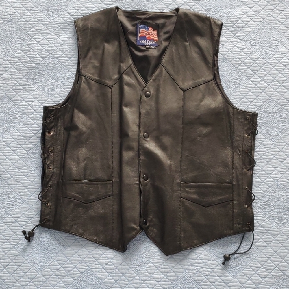 "U.S.A. LEATHER" Black Leather Vest, Size XXL